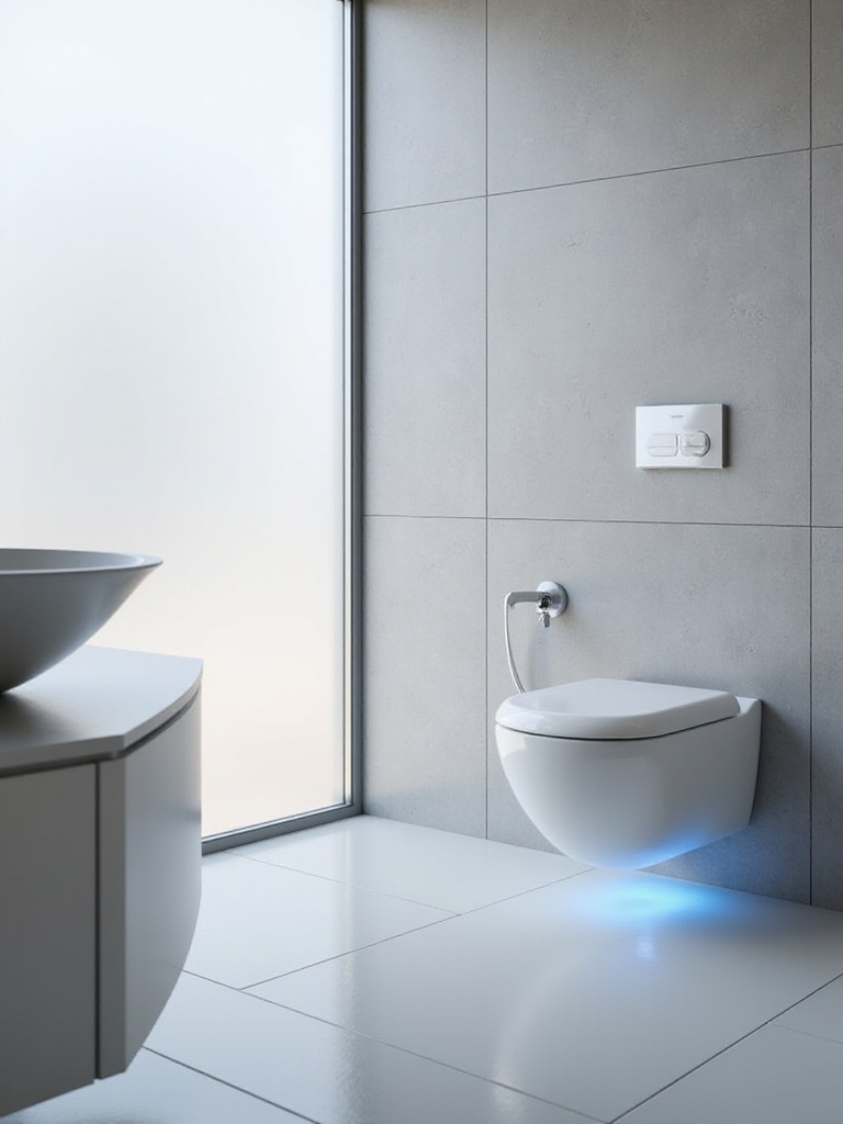 Modern bathroom featuring a sleek white smart toilet with a blue nightlight.