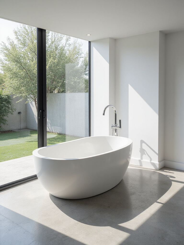 Sculptural white freestanding bathtub in a modern bathroom with large window