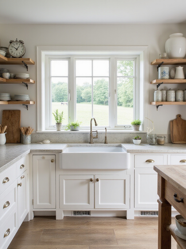 Farmhouse kitchen with white cabinets and rustic soapstone countertops.