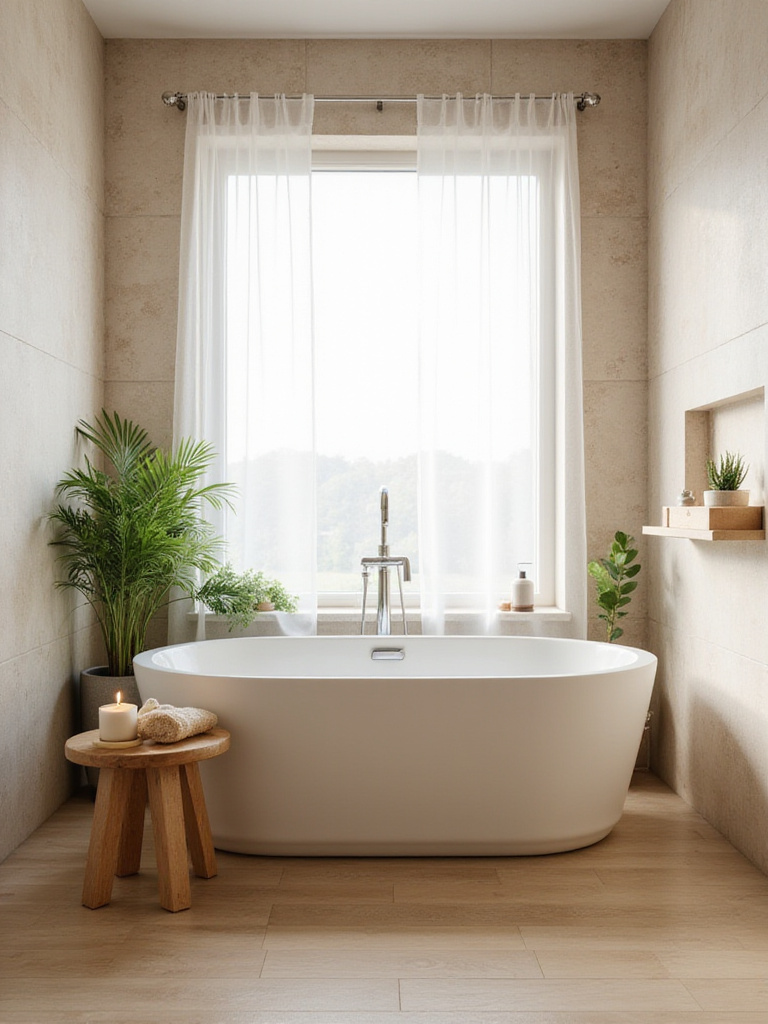 Modern bathroom with spa-inspired design featuring natural stone, wood accents, and a freestanding tub.