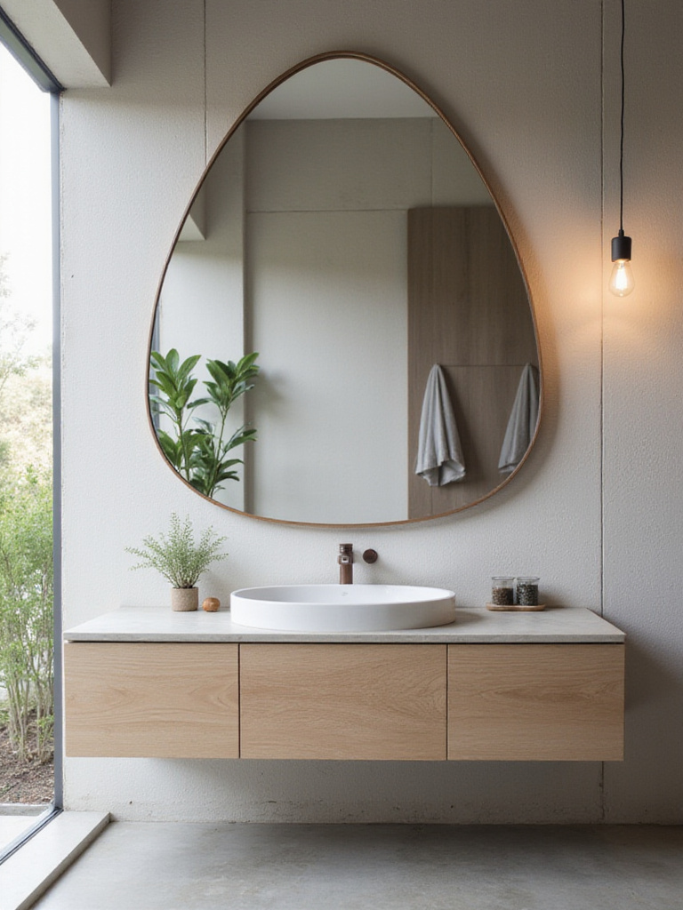 Modern bathroom with large organically shaped mirror above floating vanity