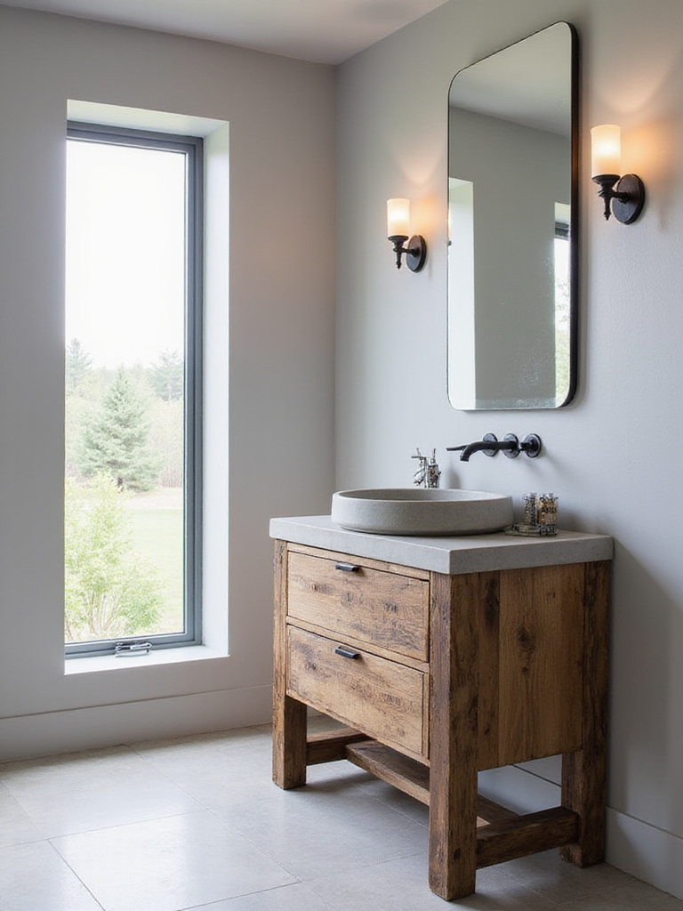 Modern bathroom with a unique reclaimed wood and concrete statement vanity