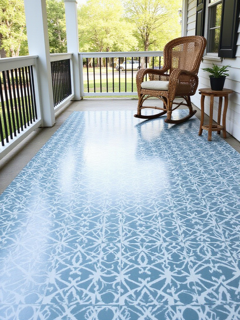Porch floor stenciled with a geometric blue and white pattern.