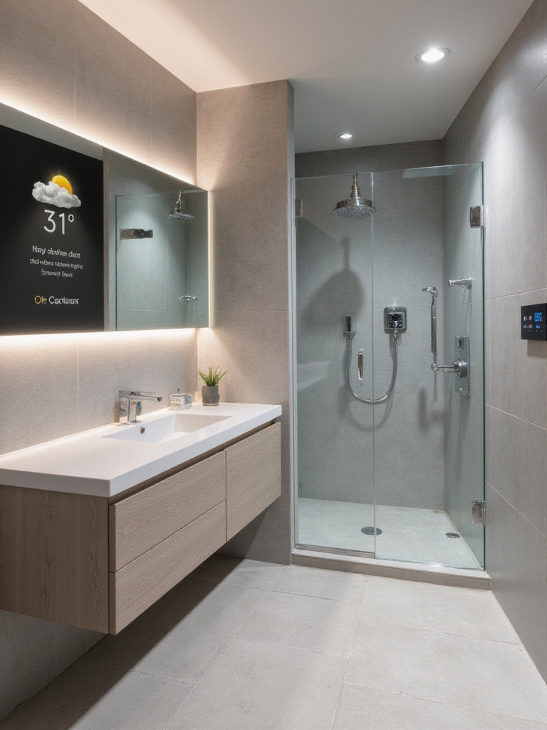 Modern bathroom featuring a smart mirror displaying weather information and a smart shower with digital controls.