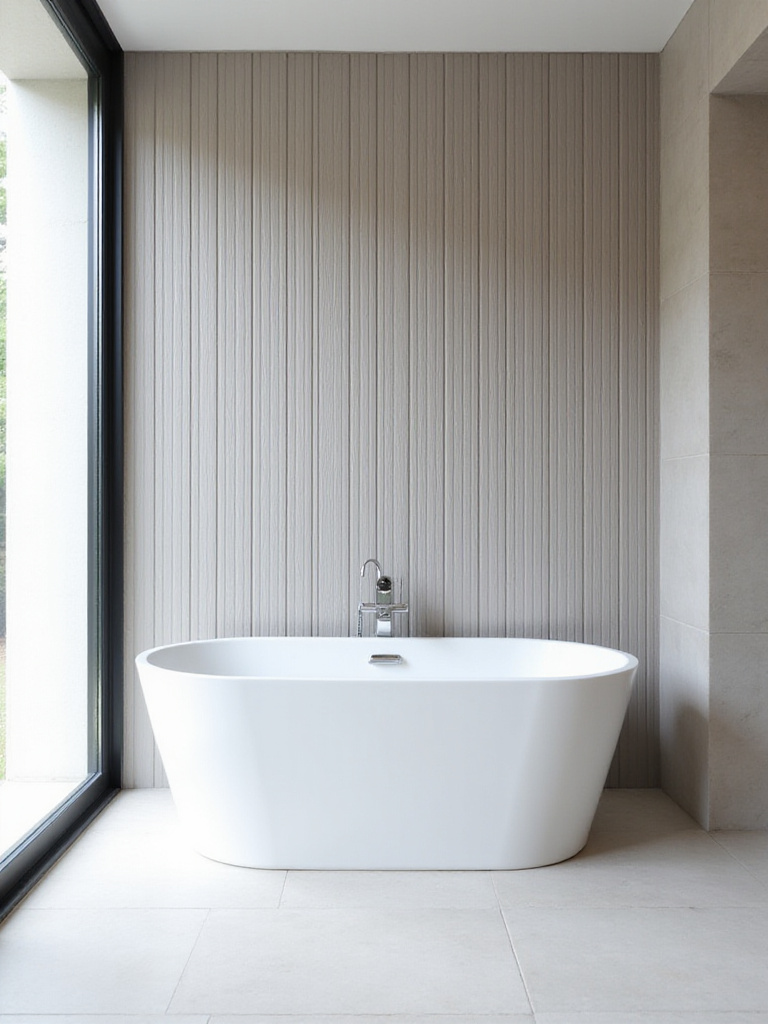 Modern bathroom with light gray ribbed wood paneling behind a freestanding bathtub.