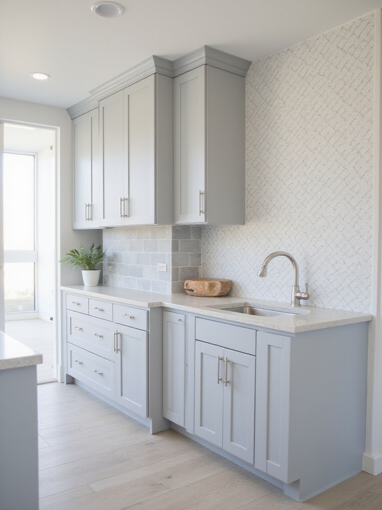 Modern kitchen featuring light gray cabinets and a geometric gray tile backsplash