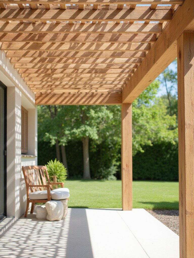 Close-up of a light-colored wood patio pergola providing dappled shade on a concrete patio.
