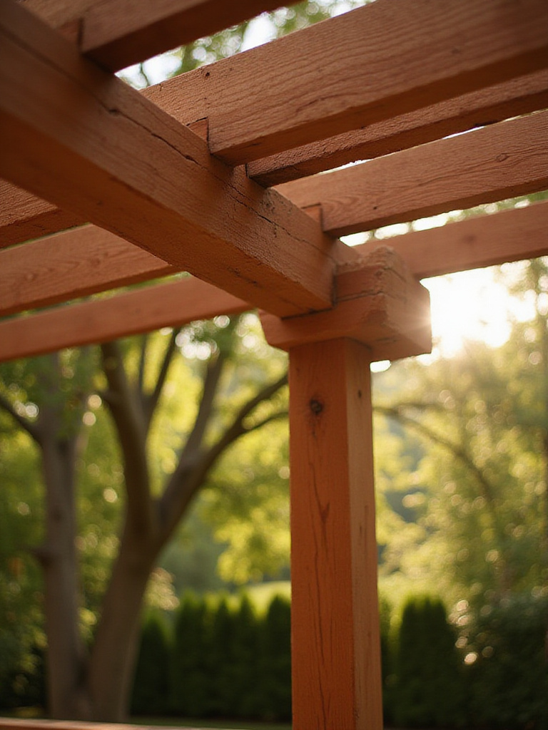 Close-up of patio pergola wood joinery with dappled sunlight.