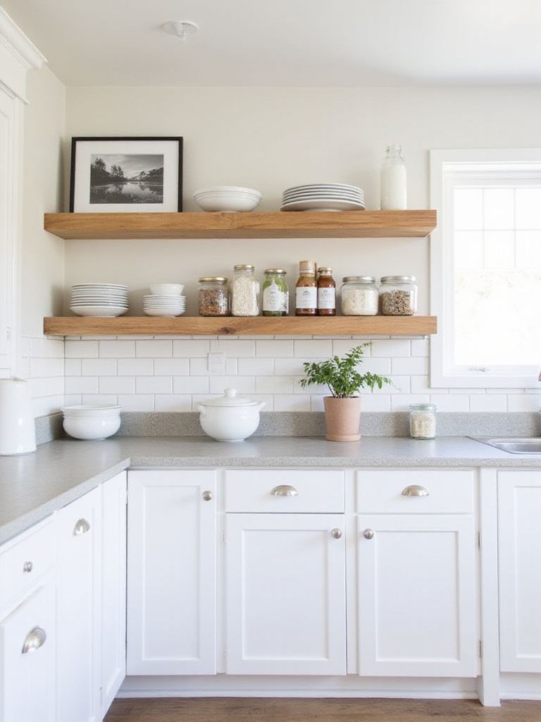 Kitchen with white cabinets and natural wood open shelving displaying dishes and decor.