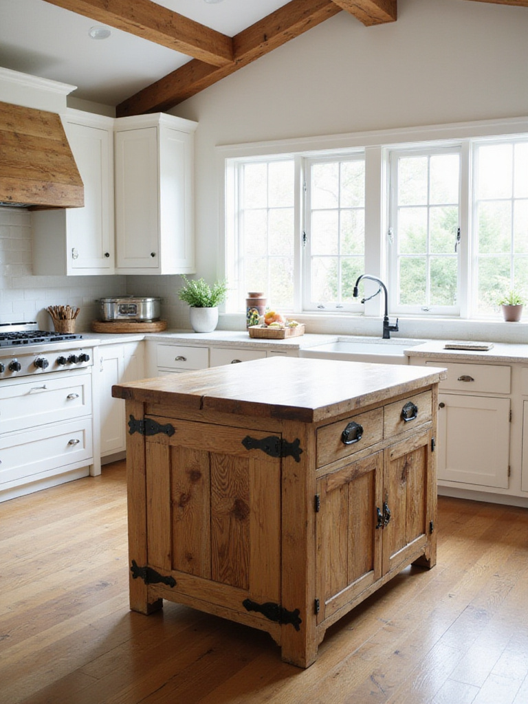 Rustic wood kitchen island with butcher block countertop in a farmhouse style kitchen