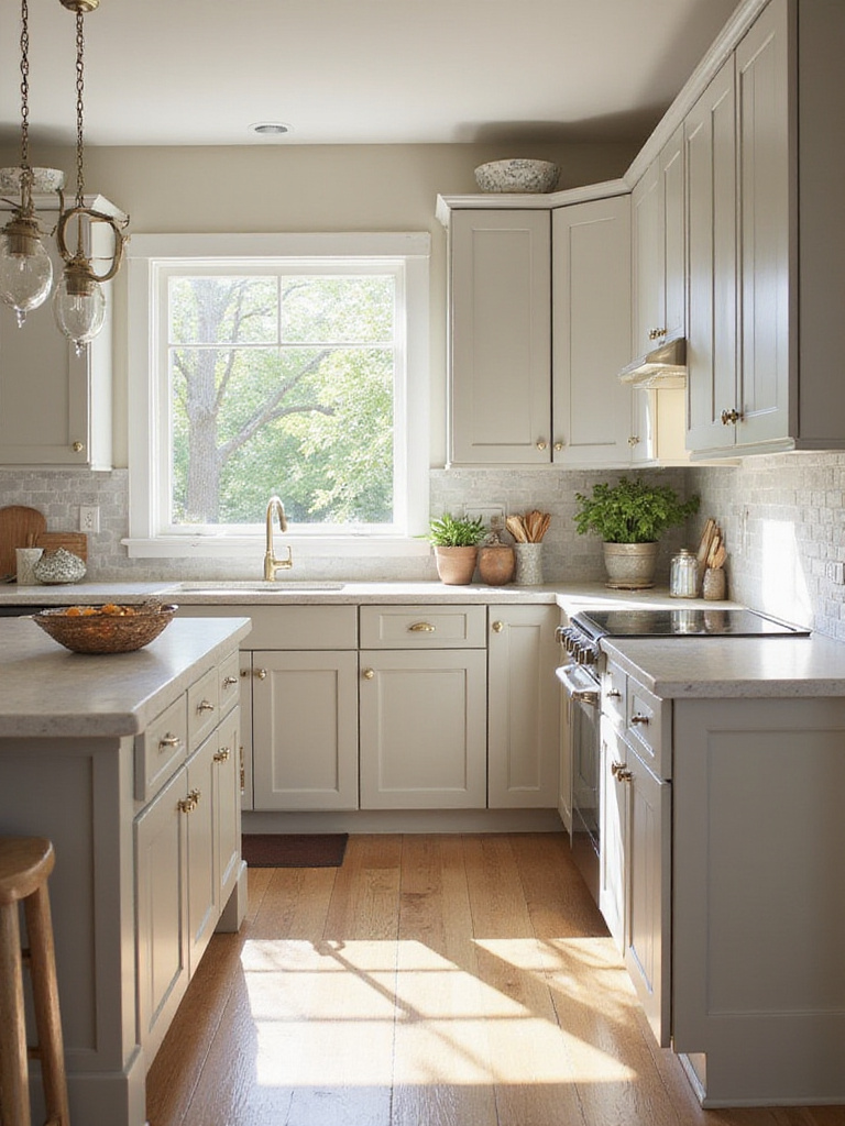 Kitchen with freshly painted cabinets in a light gray color.