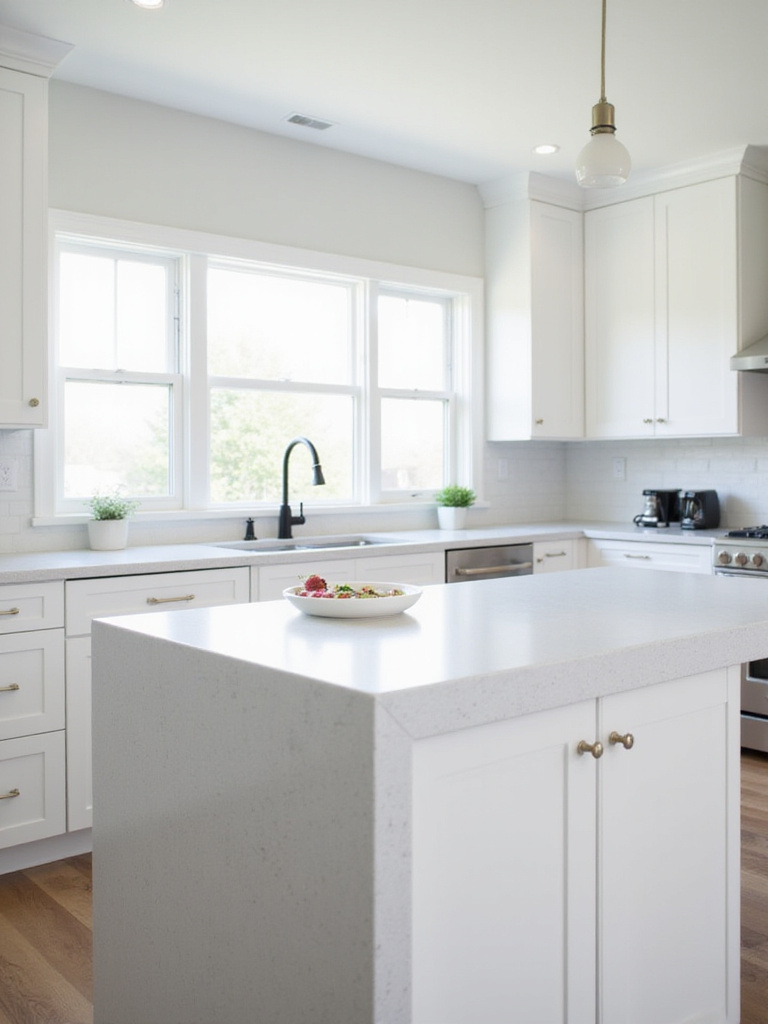 White kitchen with thick edge light gray quartz countertop on island