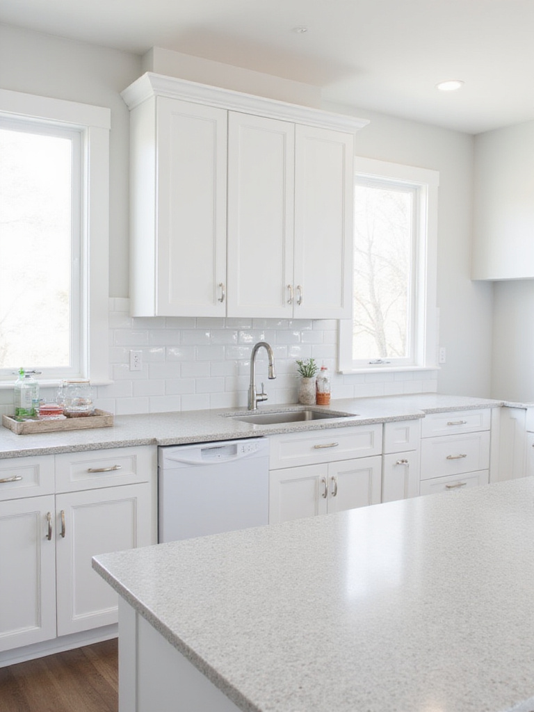 Modern kitchen with white cabinets and thin edge light gray quartz countertop.