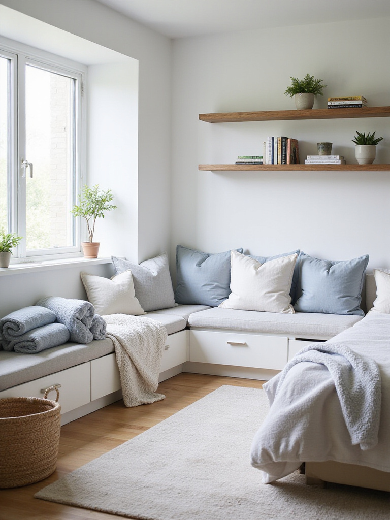 Bright and organized bedroom with clever storage solutions, promoting tranquility and relaxation.
