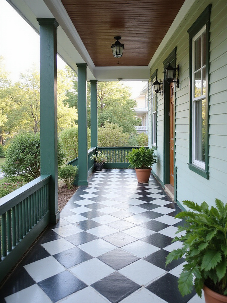 Black and white checkerboard painted porch floor