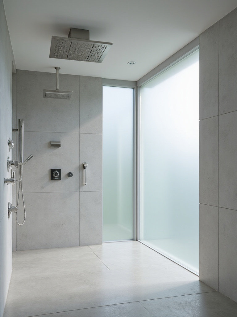 Modern bathroom with rain showerhead and body jets creating a spa-like shower experience