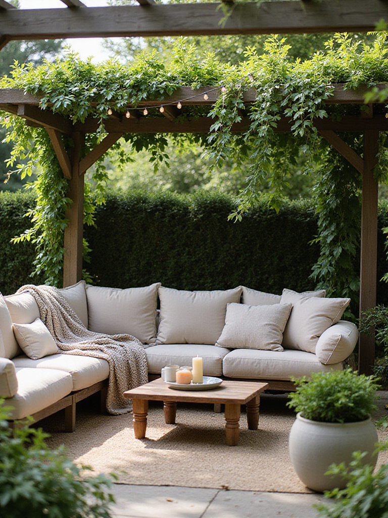 Cozy outdoor seating area with pergola, comfortable sofa, and lush landscaping.