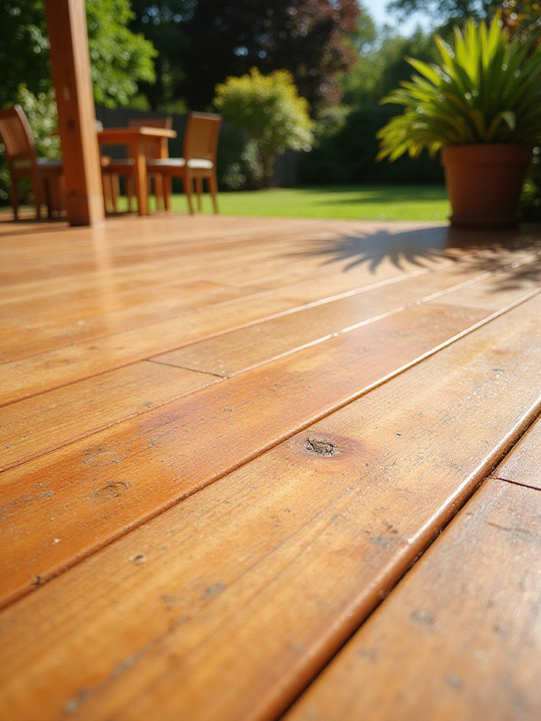 A beautifully stained wooden deck surface in a warm brown tone, showing the natural wood grain and texture, under bright sunlight.