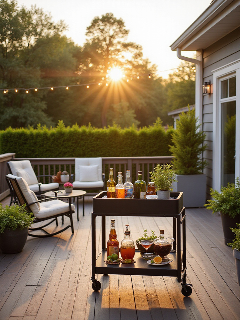 A stylish outdoor bar cart stocked with drinks and glassware sits on a wooden deck, ready for entertaining, surrounded by comfortable seating and plants.