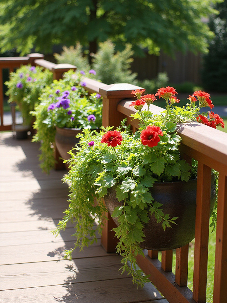Deck railing lined with decorative planters overflowing with colorful flowers and lush green plants.