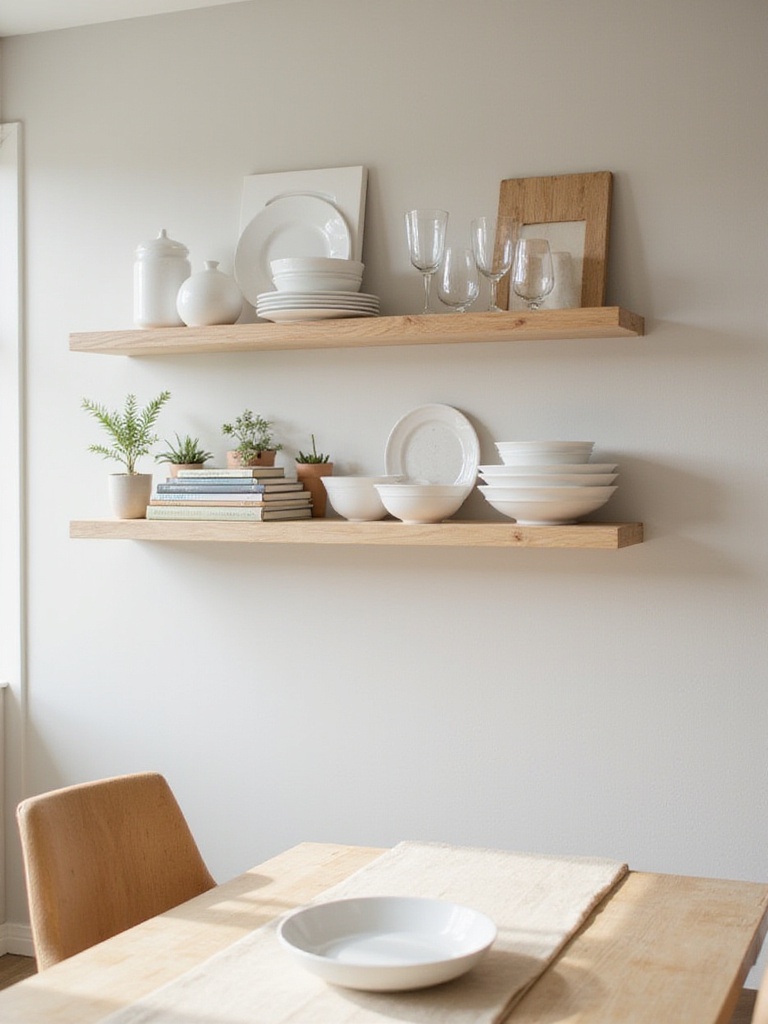 Modern dining room with open shelving displaying dinnerware and décor.