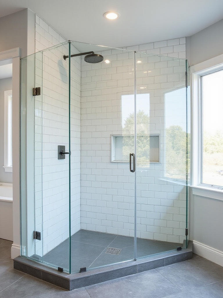 Modern walk-in shower with frameless glass and rainfall showerhead.