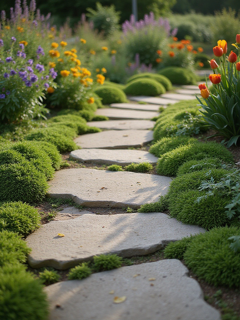 Garden pathway with flagstone stepping stones surrounded by moss and flowers.