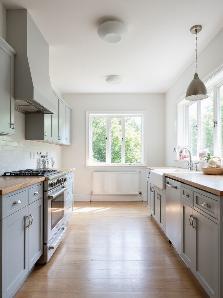 Modern kitchen with light gray cabinets and warm white walls, creating a cohesive and stylish design.
