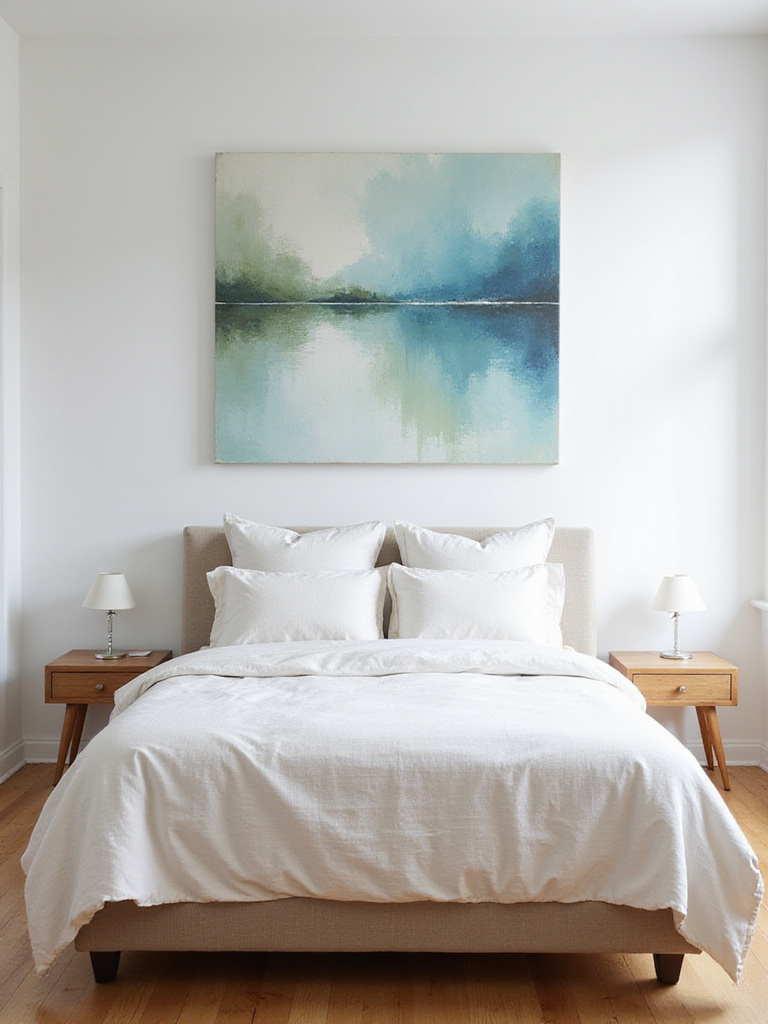 Bedroom featuring a large abstract painting above the bed.
