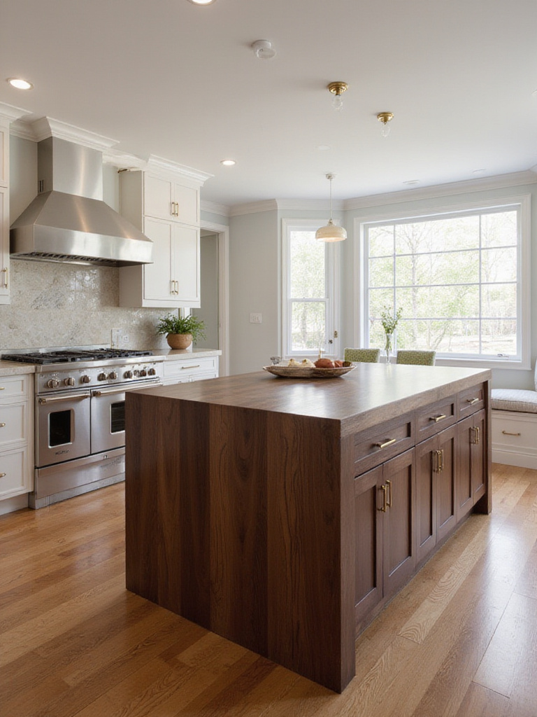 Luxurious walnut kitchen island with dark wood countertop and integrated cabinets.
