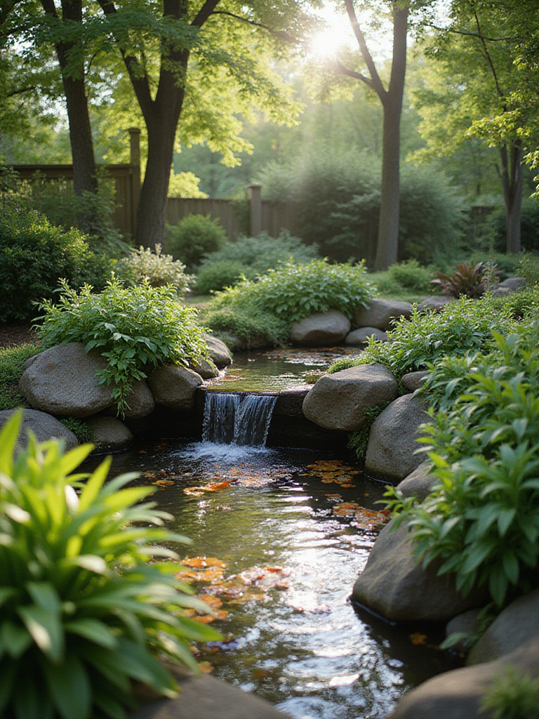 Backyard garden with a small pond and waterfall surrounded by lush greenery.