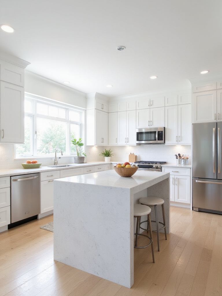 Contemporary white kitchen with island featuring light gray quartz waterfall countertop