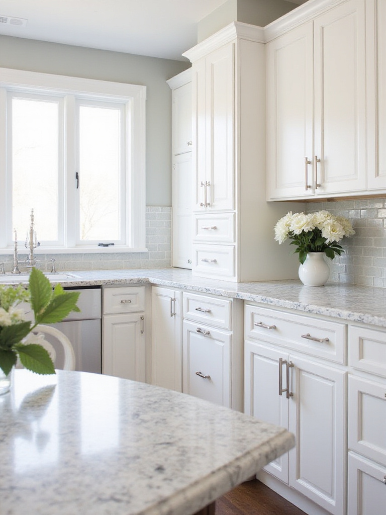White kitchen with white shaker cabinets and veined white granite countertops.