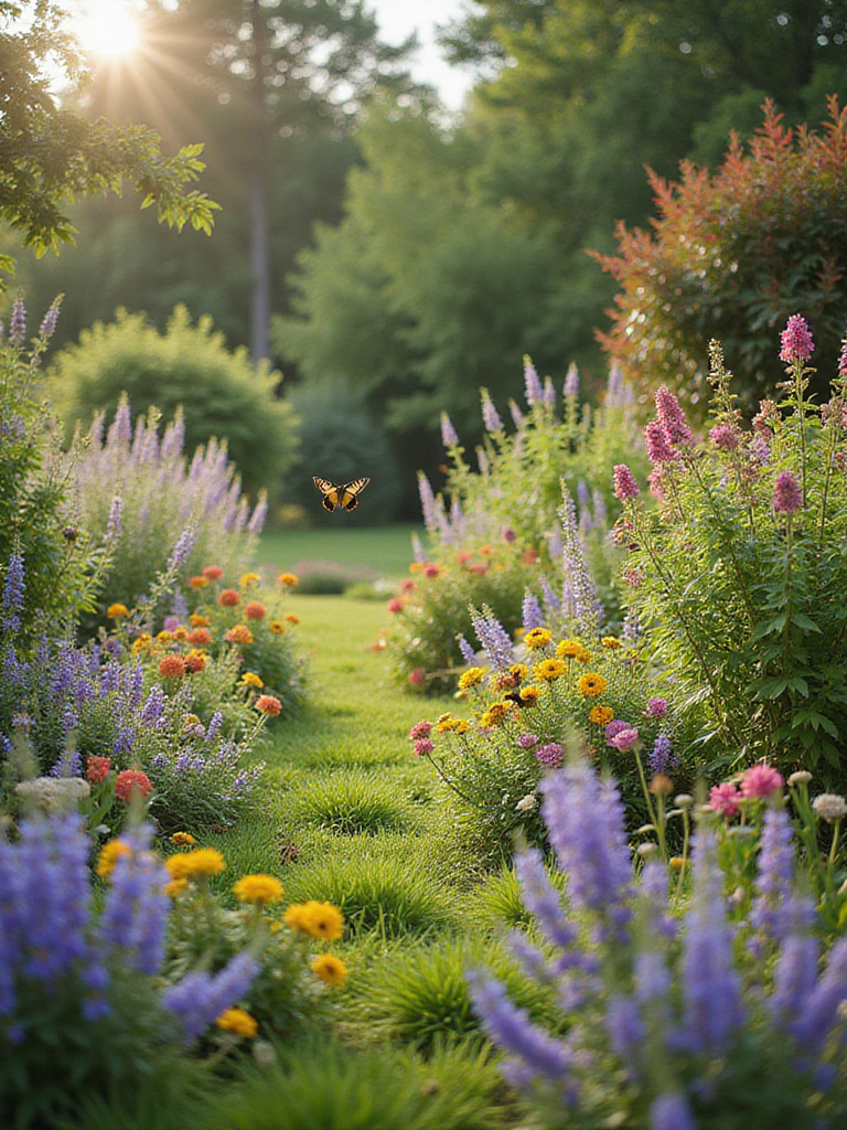 Backyard garden featuring native plants, attracting butterflies, bees, and birds.