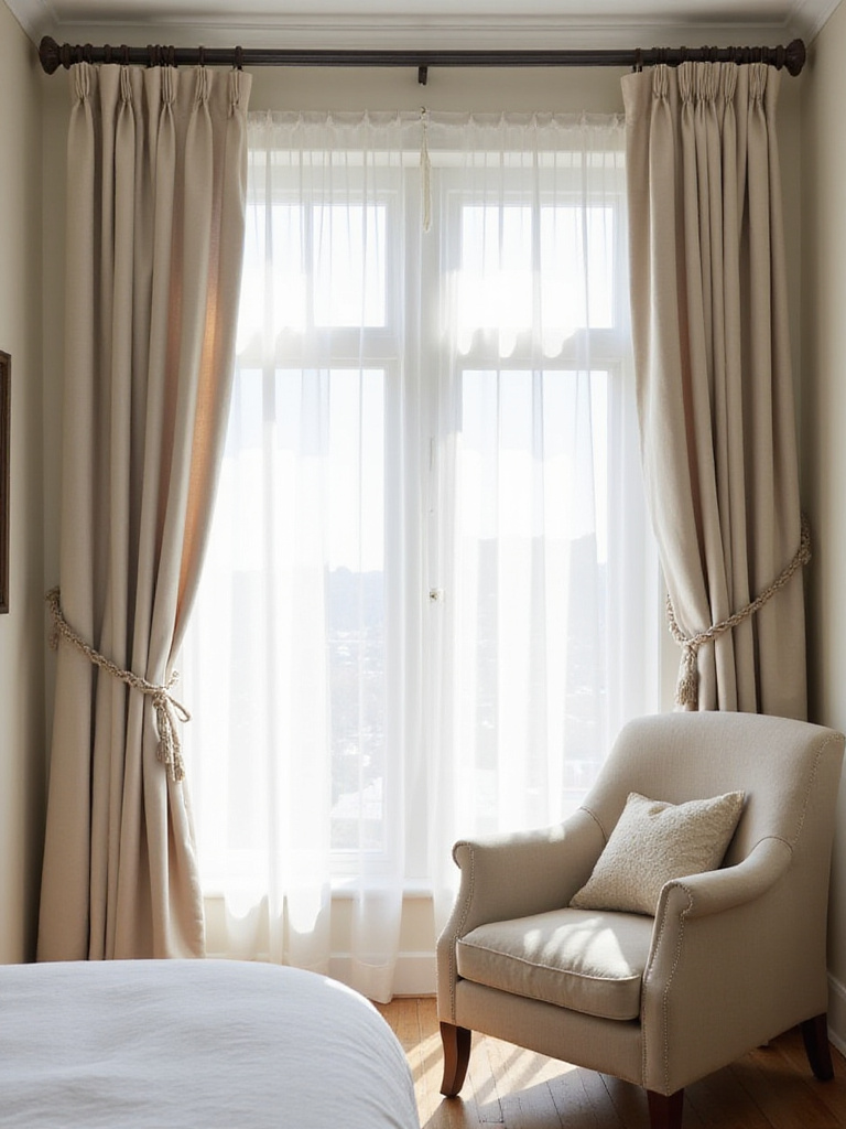 Bedroom window with layered sheer and blackout curtains for light control and privacy.