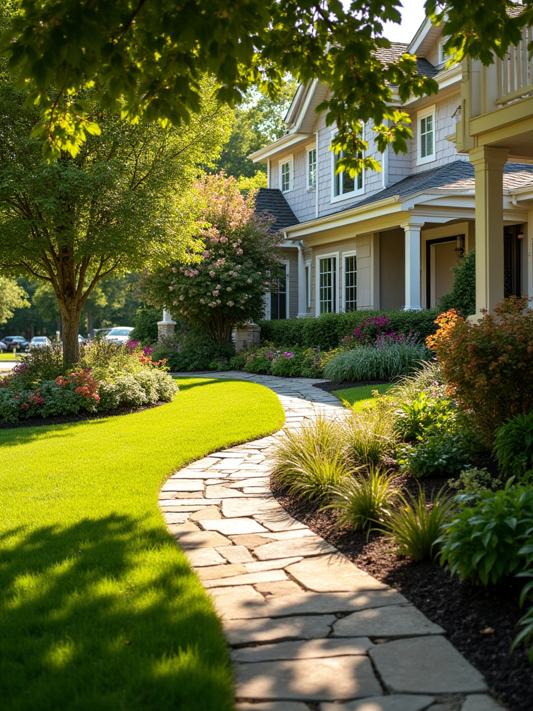Charming suburban house with lush front yard landscaping and winding flagstone pathway