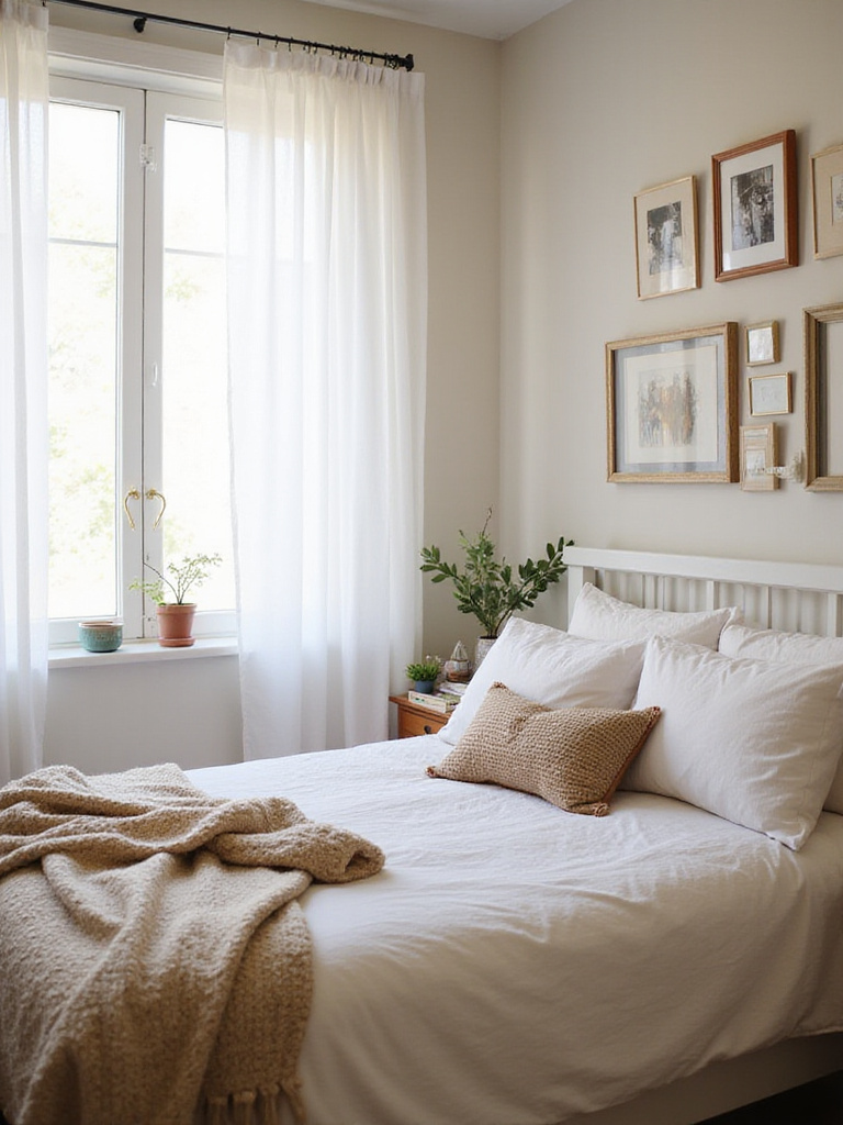 Bedroom with gallery wall featuring personal photos and vintage books on a bedside table