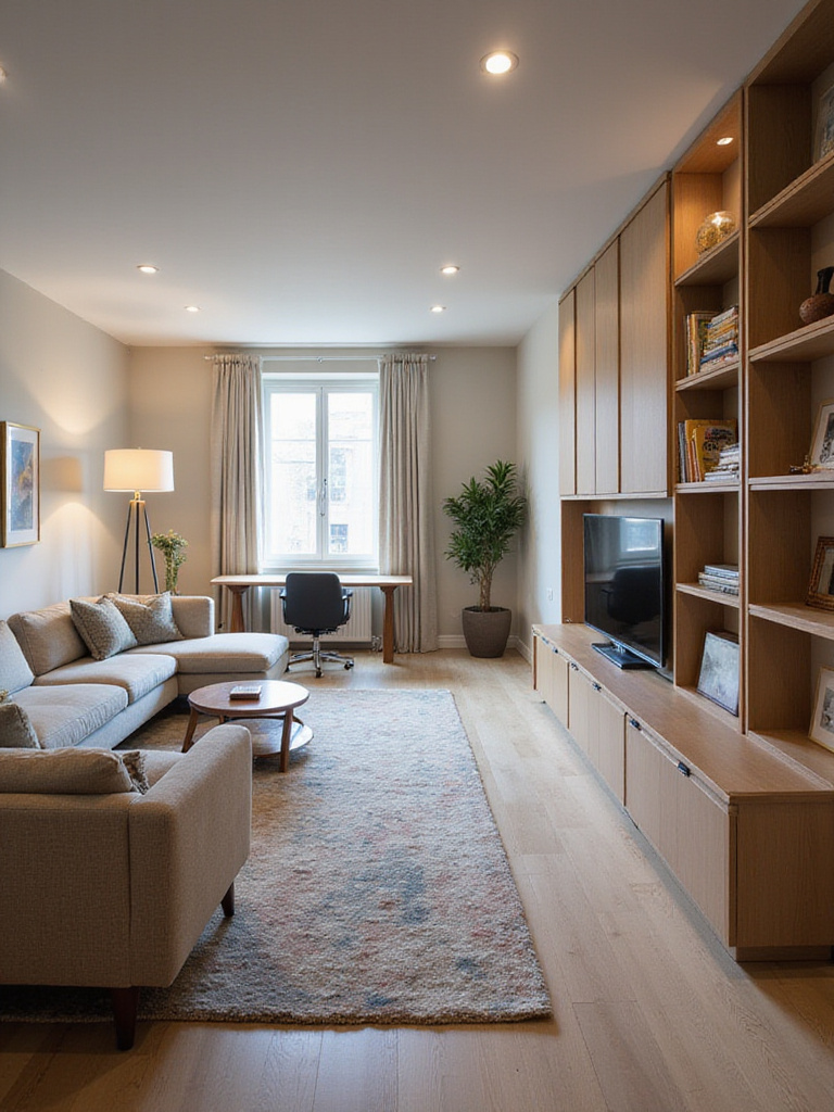 Living room with zones for relaxation and work, featuring a sofa, TV, desk, and bookshelf divider.