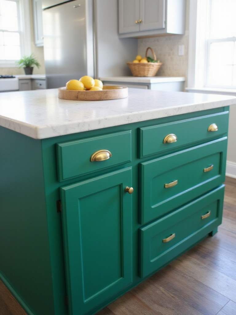 Emerald green kitchen island with white countertop and brass hardware