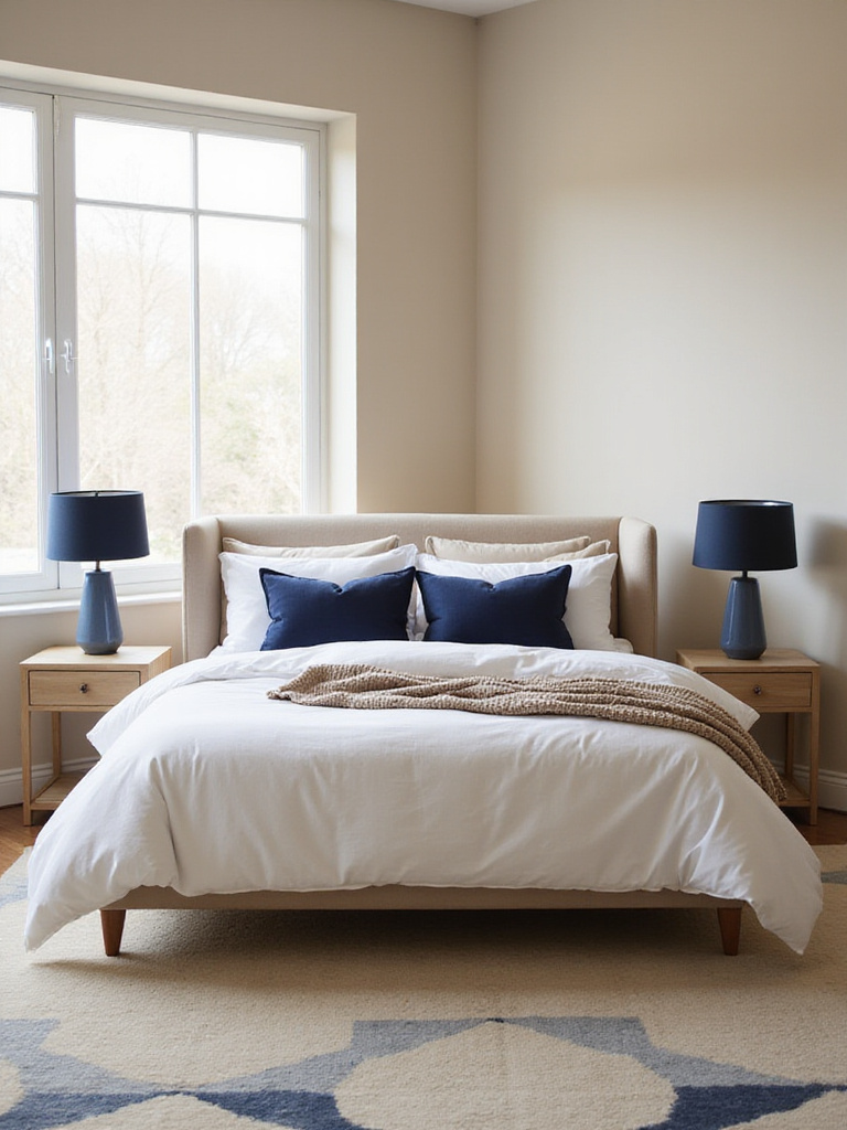 Beige bedroom with navy blue accents in bedding, pillows, and rug.