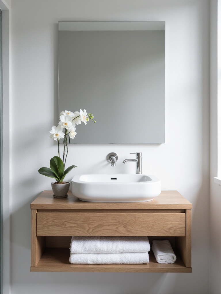 Modern bathroom vanity with orchid, soap dispenser, and towels for stylish accessorizing.