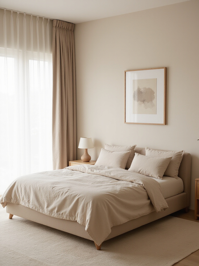 Serene minimalist beige bedroom with natural light and linen bedding