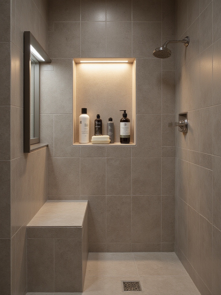 Small bathroom shower with built-in tiled storage niche for shampoo and soap.