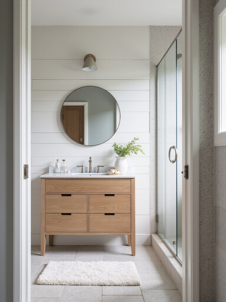 Modern bathroom interior showcasing textured walls, natural wood vanity, and textured flooring.