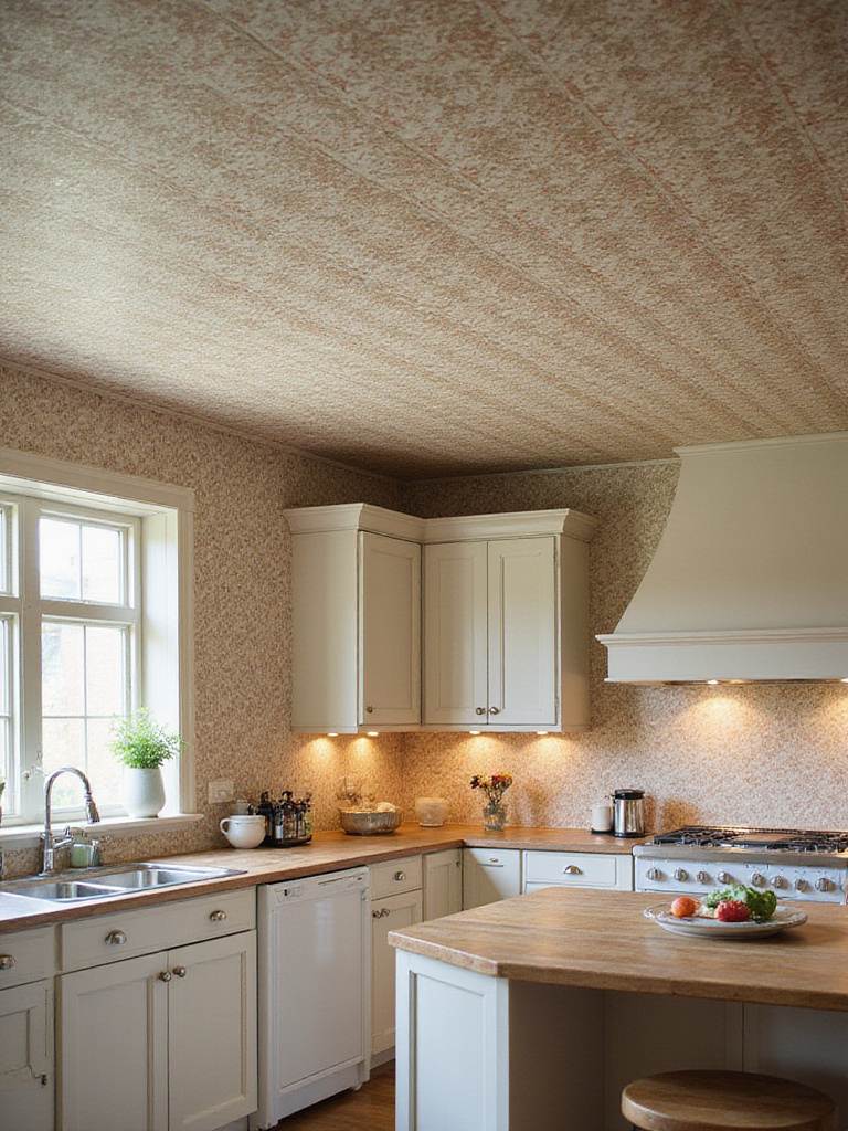 Professional photo of a kitchen ceiling beautifully wallpapered, showcasing unique patterns and textures.