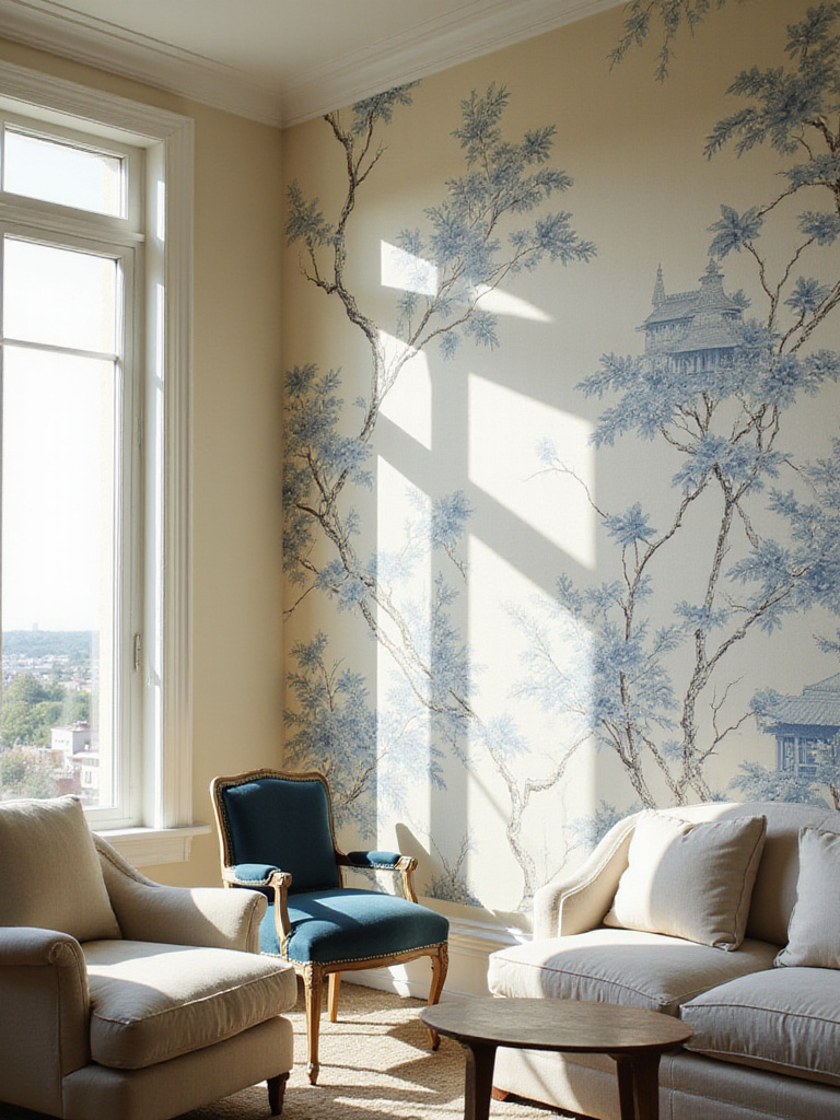 Living room featuring a stunning blue and white Chinoiserie wallpaper accent wall with bird and floral motifs.