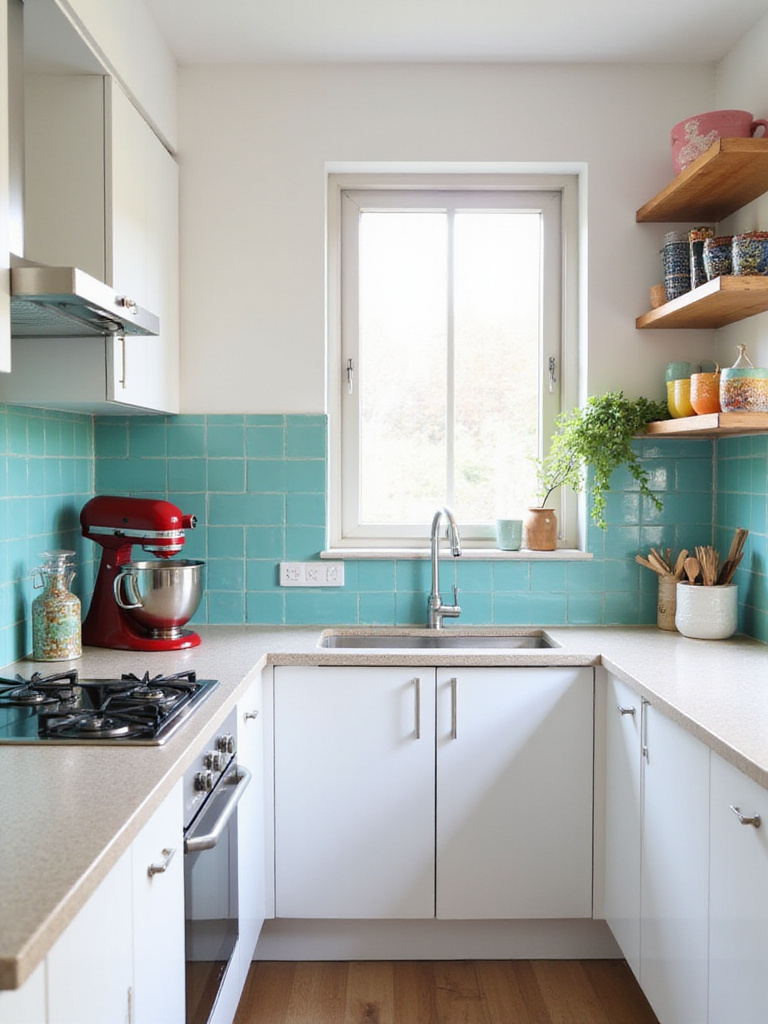 Small modern kitchen with white cabinets and a bold teal tile backsplash. A red stand mixer and colorful mugs add pops of color.