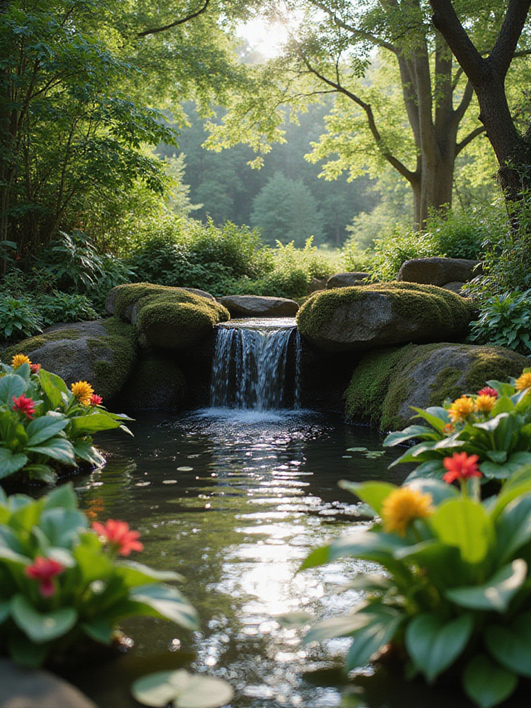 Serene garden pond with waterfall