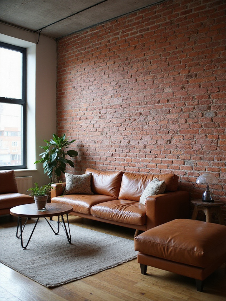 Living room with a red faux brick accent wall, featuring urban industrial furniture and decor.