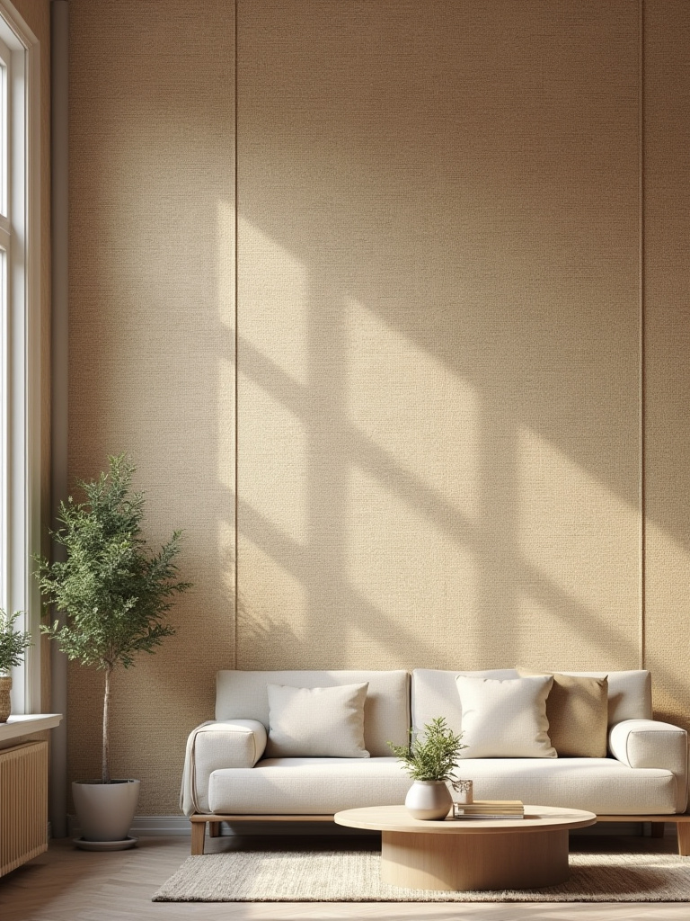 Living room with a textured light brown grasscloth accent wall, showcasing the natural warmth and depth added by the wallpaper.